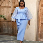 فستان أنيق برقبة مربعة مطرز وأكمام فانوس شفافة وتنورة بخطوة واحدة