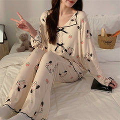 Spring and autumn new pajamas female modal small lapel cardigan long-sleeved trousers sweet girl home service suit