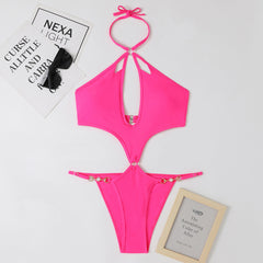 New one-piece multi-color hollow bikini sexy pearl chain halter neck halter swimsuit