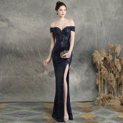 Ladies sexy sequins one shoulder elegant temperament banquet evening dress