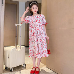 Summer new Korean version of children's clothing girls dress female big boy parent-child floral high waist dress short-sleeved long skirt