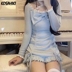 فستان KOSAHIKI الياباني الجميل برباط من الدانتيل وياقة مربعة وفيونكة فستان نسائي لربيع وصيف 2022 مطوي فساتين ضيقة Y2k