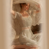 Women Retro Short-sleeved Nightdress Sweet Mesh Lace Long Nightgowns Girls Sexy Lingerie European Court Style Sleepwear Dress