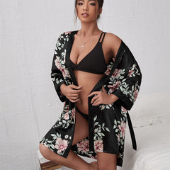 Fashion fattening and enlarged bathrobe casual silk V-neck lady's home service cardigan tie-up nightgown