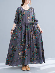 Women's printed dress fat mm plus size women's clothing daily casual home high waist stitching long sleeve round neck long belly cover up skirt