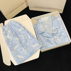 Tie-dyed blue summer pajamas women's short-sleeved home clothes thin section silk suit