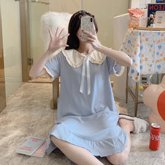 Palace Sleepdress Short Sleeve Lady Korean version fashion doll collar midlength skirt pajamas generous style nightdress summer