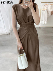 VONDA Elegant Dresses For Women 2022 Solid O Neck Sleeveless Kink Spliced A-Line Vestidos Bohemian Party Casual Summer Plus Size Long Dresses