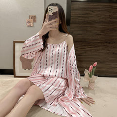 Spring Silk Pajamas Women's Long-sleeved Nightgown Suspenders Suit Women's Thin Section Sexy Home Wear Large Size