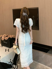 Hot sale tea break French lace dress women's new summer waist slimming high-end one-piece tie temperament long skirt
