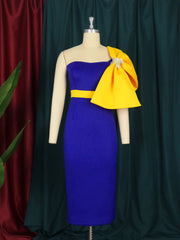 Elegant Women Party Prom Dresses Elegant Chic Blue Yellow Contrast Patchwork Big Bow Dress Summer Tube Bodycon Event Robes 2022