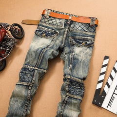 Men's Jeans  Pants Stitching Jeans Bicycle   Men's Straight Casual Designer Military Multi Pockets
