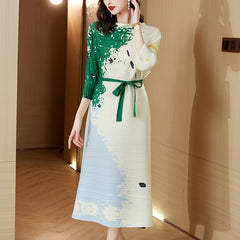 Miyake pleated dress 2022 autumn new large size loose printing fashion temperament one word tie skirt