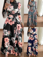 فستان نسائي طويل الأكمام للربيع والصيف بوهو منقوش عليه زهور، فستان طويل بحزام أنيق، فستان بوهو لحفلات أعياد الميلاد وحفلات ميدي