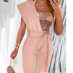 Sleeveless Belt Decorated Jumpsuit Slim Fit Stitching Beaded Women's Trousers Evening Dress