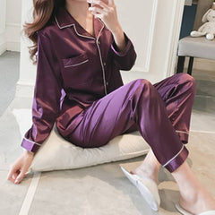 2PCS Pajamas Sets Women Lapel Silk Long Sleeve Home Wear Ladies Mujer Satin Tops+Pants Nightgown Sleepwear Autumn