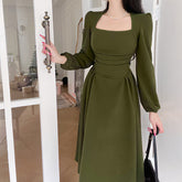 Folds Puff Sleeve Corsets Women Midi Dress Sexy Elegant Bodycon Autumn Elegant Party Casual Lady Long Dress Streetwear