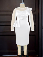 Classy Women White Midi Bodycon Dress Beads Sheer Long Sleeve Sweetheart Ruffles Peplum Dresses for Wedding Guest Party Birthday