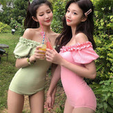 New Solid Color One Shoulder Wooden Ear Decoration Halter Tight Fitting High Waist Small Fresh Bikini Swimsuit