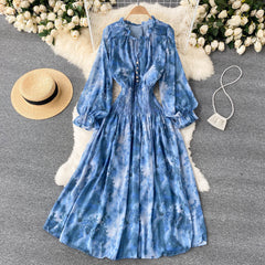 Celebrities' high-end women's clothing elegant printed French dress with slim waist and puff sleeves super big long skirt