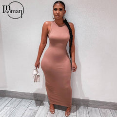 Inwoman Ribbed Knitted Summer Black White Maxi Dress Women 2021 Party Bodycon Long Dress Sundress Ladies Brown Wrap Dresses