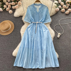 Elegant French style thin embroidery V-neck dress summer women's puff sleeves chic beautiful stunning mid-length skirt