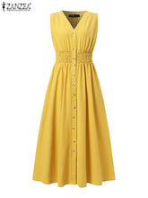 ZANZEA Women Elegant Dresses Solid V-Neck Sleeveless Elastic Waist Ankle Length Dress Fashion Holiday Casual Loose Ladies Vestido Plus Size