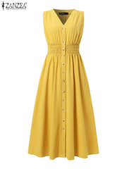 ZANZEA Women Elegant Dresses Solid V-Neck Sleeveless Elastic Waist Ankle Length Dress Fashion Holiday Casual Loose Ladies Vestido Plus Size