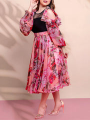 Red Chiffon Print Paneled Waist Dress