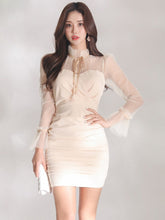 Mesh Elegant Women Evening Dress Sheer Ruffle Lace-up Flare Sleeve Folds Bodycon Slim Mini Femme Sexy Street Para Mujer Vestidos