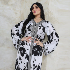 New Black and White Printed Dress Fashion Hot Selling Lace Casual Dress Abaya Robe