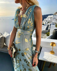 2023 الأوروبية والأمريكية الربيع والصيف جديد مثير الخامس الرقبة البرنز فستان غير رسمي عطلة حفلة المرأة تنورة كبيرة