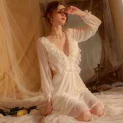Women Sexy Nightdress Mesh Perspective Romantic Sweet Nightgowns Femme Deep V Backless Long Sleeves Sleepwear Nighty For Ladies