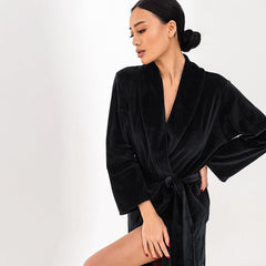 Autumn velvet long nightgown warm and comfortable black bathrobe morning gown fashionable women's home clothes