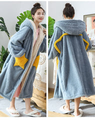 Women's Fleece Hooded Bathrobe Women's Robe Light Cotton Soft Fluffy Warm Sherpa Robe Kimono Bride
