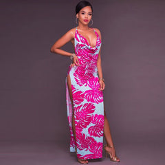 Red milk silk mid-waist print temperament commuter suspender long skirt beach skirt