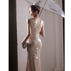 Fishtail Evening Dress Women's Autumn Autumn Long One-shoulder Sexy Sequin Dress Engagement Banquet Temperament Host Dress