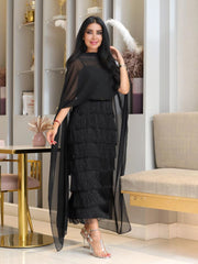 Black Elegant Chiffon Neck Belt Tassel Cake Dress