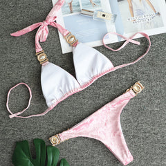Pink Gold Velvet Women's Split Swimsuit Sexy Crystal Diamond Bikini