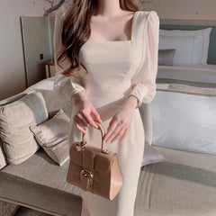 Korean chic spring French elegant square neck waist slim stitching chiffon micro-permeable puff sleeve dress female