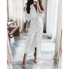 Long Sleeve V Neck Button Print Dress Long Dress Women's