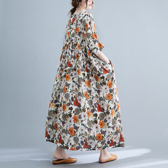 فستان نسائي صيفي جديد موديل 2022 مقاس كبير بتصميم عتيق على الطراز العربي الرمضاني مطبوع عليه زهور يوميًا فضفاض ورقيق بأكمام قصيرة متوسط الطول