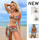 Printed three-piece swimsuit 2023 European and American new sexy backless strappy split swimsuit