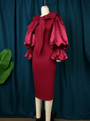 Women Long Sleeve Bodycon Dress with Bow Collar Slim Sheath Elegant Classy Office Ladies Date Out Event Large Size Female Gowns