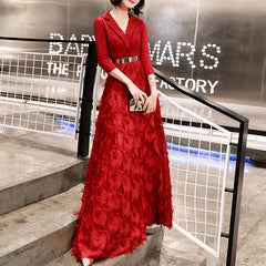 Ladies V Neck Three Quarter Sleeves Long Fashion Banquet Evening Dress