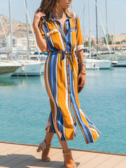 Turn Down Collar Office Ladies Stripe Shirt Dress Long Boho Beach Dress Casual Long Sleeve Elegant Party Dress