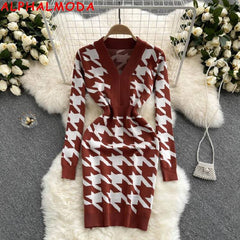 ALPHALMODA New Dress Autumn 2021 Houndstooth Knitted Long sleeved Dress V neck Slim Fit Bodycon Female Chic Fashion Dress