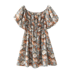 فستان بوهو ستايل قصير مطبوع عليه زهور على شكل فراشة وأكمام قصيرة ورقبة مائلة، فستان نسائي أنيق على شكل حرف A بخصر مطاطي