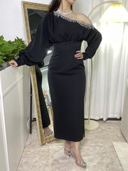 Black elegant hot diamond waist side slit dress