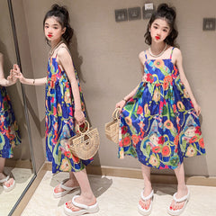 فستان بناتي 2023 موضة جديدة للأطفال تنورة بحمالات فستان صيفي للأطفال متوسط وكبير تنورة بناتي عصرية مُزينة بالزهور